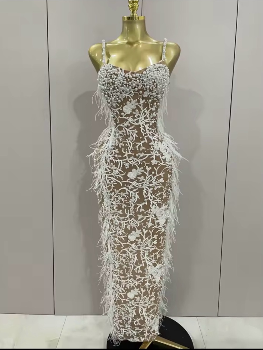 Elegant White Lace & Feather Embellished Slip Dress